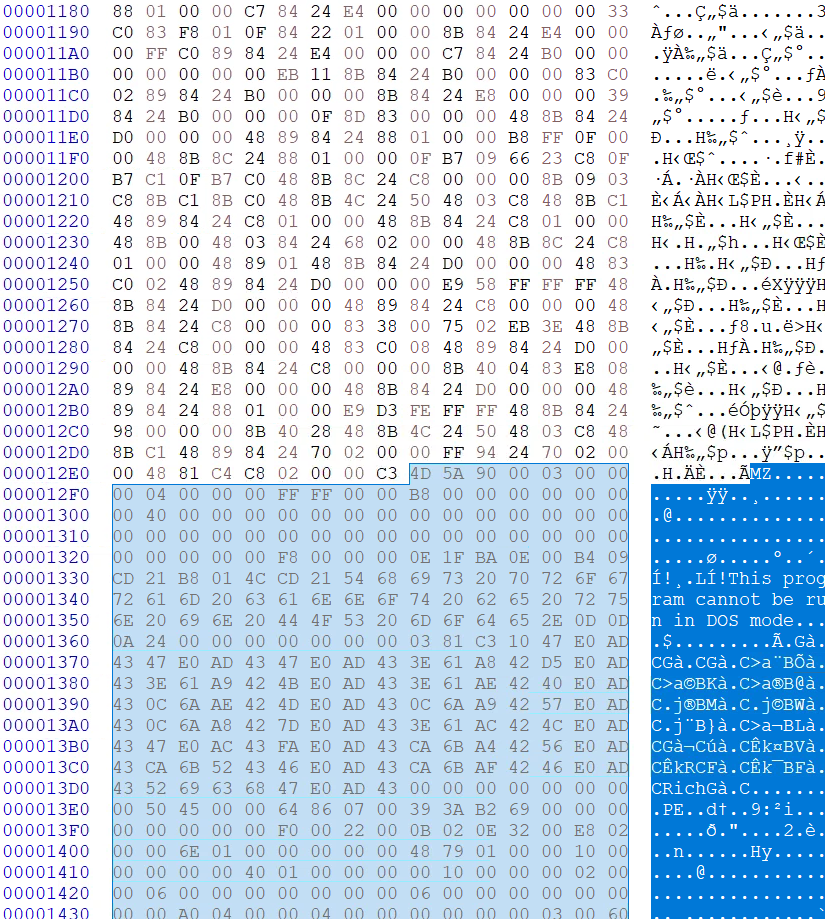 Figure 21 – oob.xml hex view showing shellcode termination (retn) at offset 0x12E8 immediately followed by embedded PE MZ header (4D 5A) at offset 0x12E9