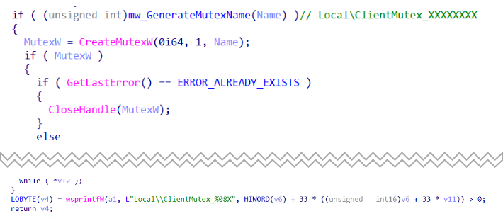 Figure 22 – main() generating mutex name via DJB2 hash of executable path combined with process integrity level, formatted as Local\ClientMutex_%08X