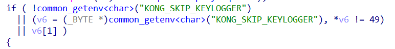 Figure 24 – main() checking KONG_SKIP_KEYLOGGER environment variable kill switch before spawning keylogger thread via beginthreadex