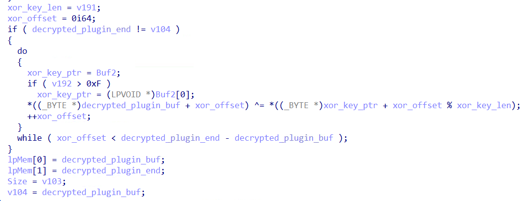 Figure 33 - XOR decryption routine cycling through the plugin hash as key to decrypt C2-delivered plugin bytes before loading