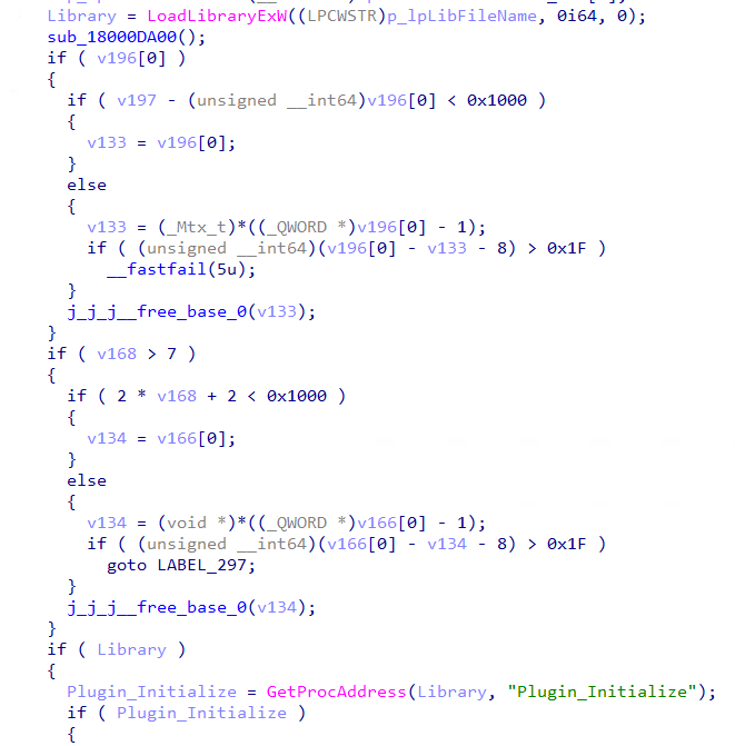 Figure 34 – LoadLibraryExW loading plugin from C:\Windows\System32 followed by GetProcAddress resolving Plugin_Initialize export for execution