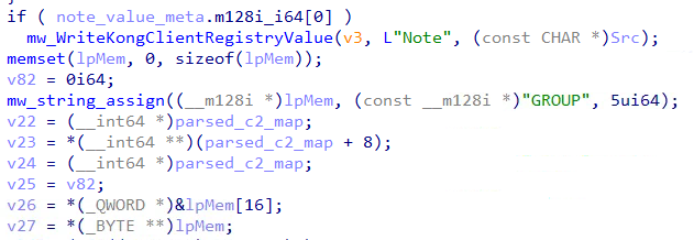 Figure 36 - C2 command handler writing operator-configured NOTE and GROUP values to HKCU\Software\Kong\Client after receiving them from the C2 server