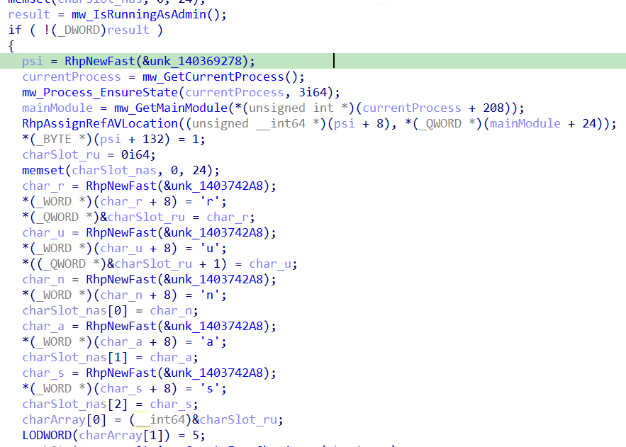 Figure 6 – mw_ElevatePrivilegesViaRunas allocating five individual System.Char NativeAOT objects to construct 