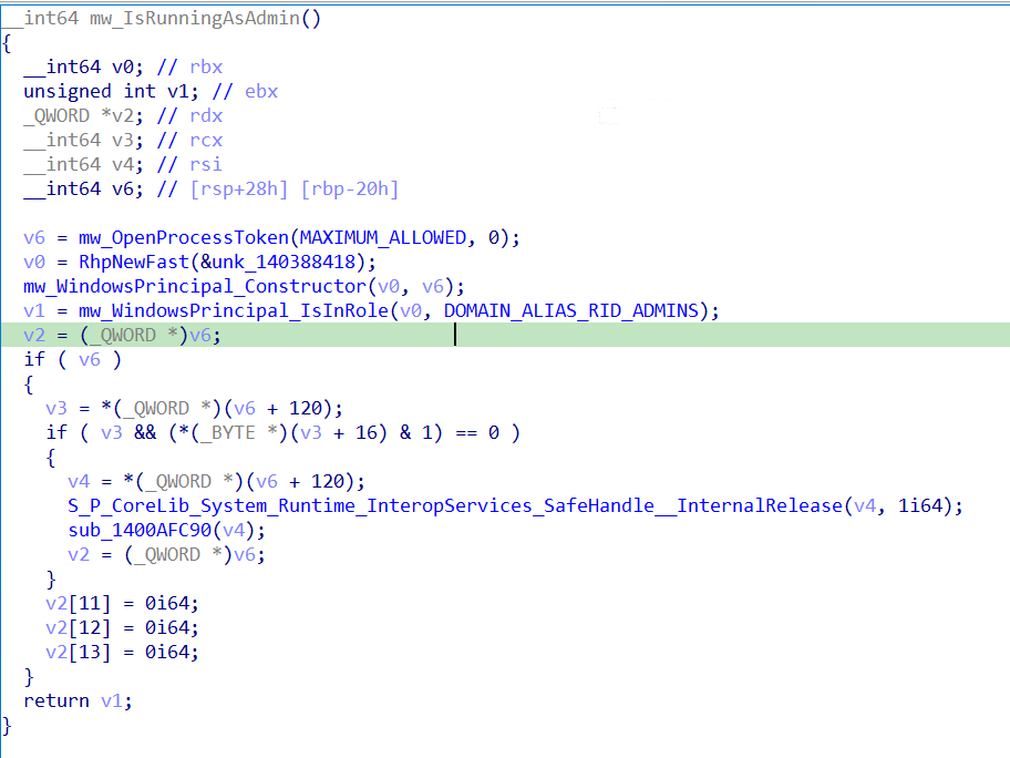 Figure 7 – mw_IsRunningAsAdmin checking Administrators group membership using DOMAIN_ALIAS_RID_ADMINS (RID 544, SID S-1-5-32-544) via CheckTokenMembership