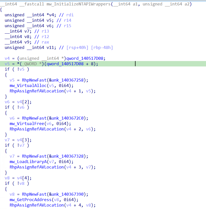 Figure 8 – mw_InitializeNTAPIWrappers initializing VirtualAlloc, VirtualFree, LoadLibraryA, GetProcAddress wrappers prior to reflective PE loading of zj.mp4