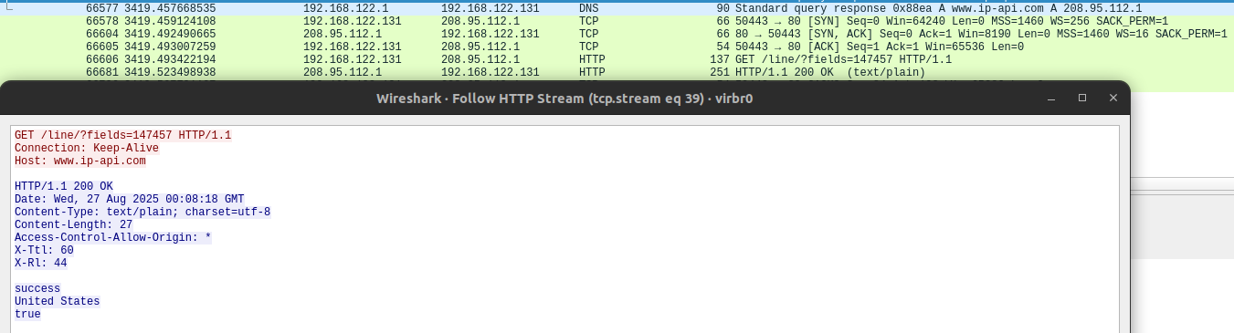 Figure 13 – PCAP request/response of IP-API geo-ip lookup