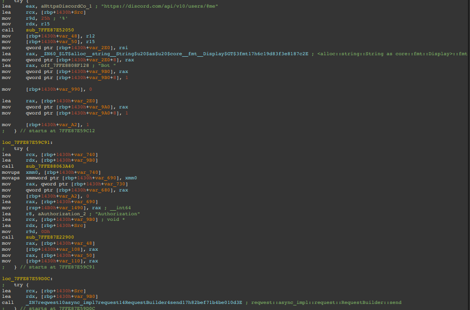 Disassembly of bot token checking via RequestBuilder::send