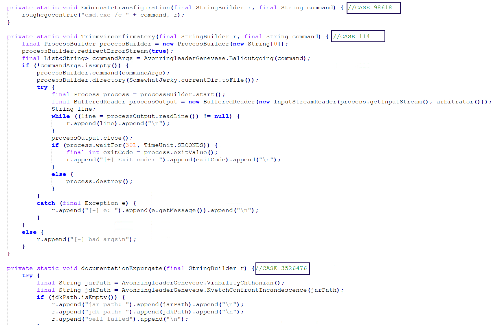 Figure 10 - SomewhatJerky.java - obfuscated command handler method implementations