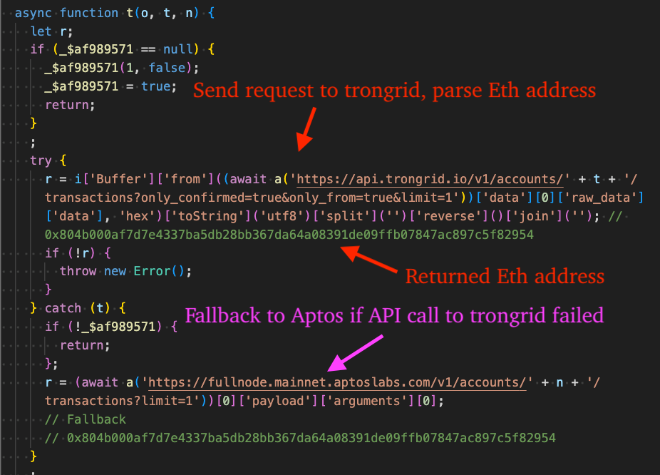 Figure 30 – Stage 4 JavaScript that gets Ethereum transaction address from Tron network
