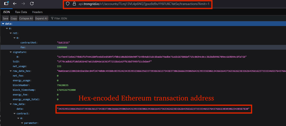Figure 31 – Raw response from API request to Trongrid containing hex-encoded Ethereum transaction address