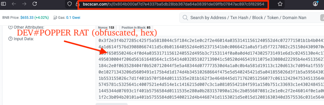 Figure 33 – Input data shown in bscscan containing obfuscated/hex-encoded DEV#POPPER RAT