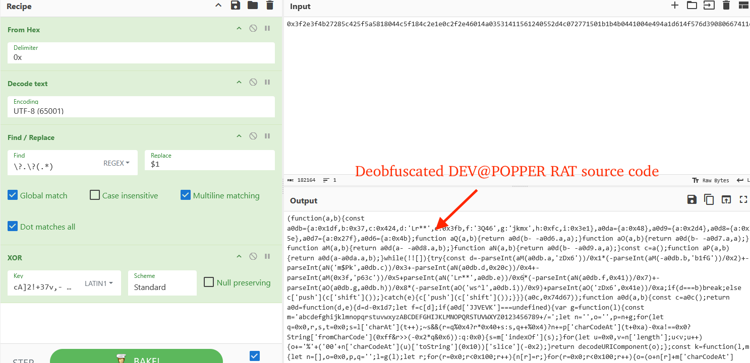 Figure 34 – CyberChef view of deobfuscating the input data (DEV#POPPER RAT source code)