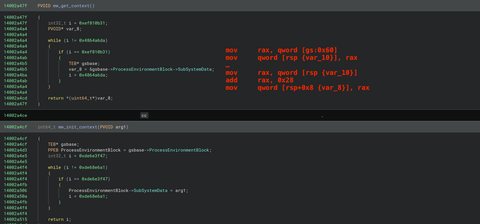 Figure 22 - Routines responsible in PulseSecure.exe for getting and setting the global context pointer within the PEB