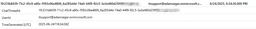 Figure 2 Microsoft Sentinel log. Note the UserID field contained a *.onmicrosoft.com subdomain specific to that target.  
