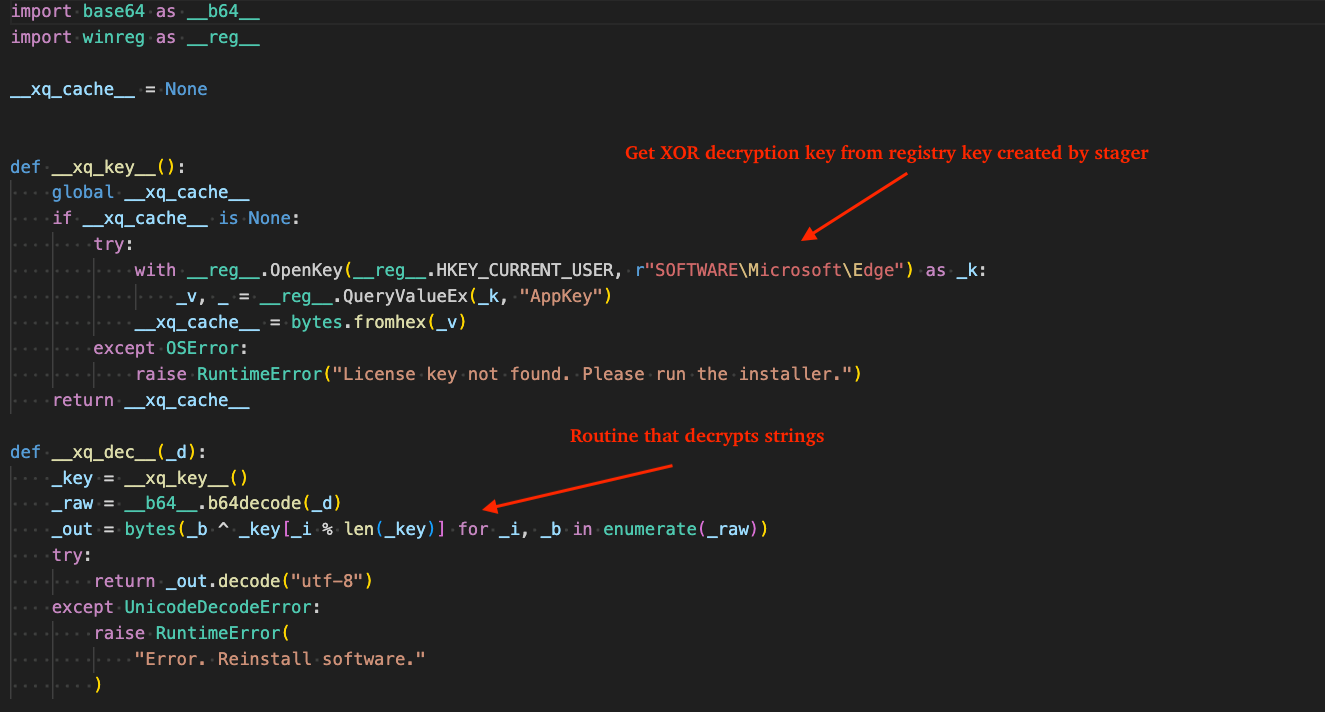 Figure 17 - String decryption via XOR-based routine using key previously stored in registry