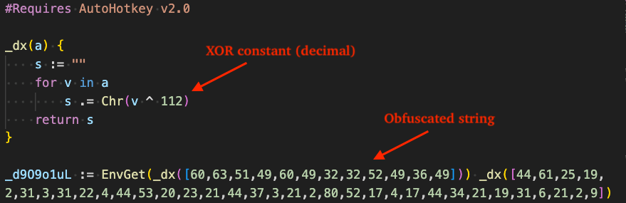 Figure 7 - XOR-based obfuscation applied to all strings in stager AHK script