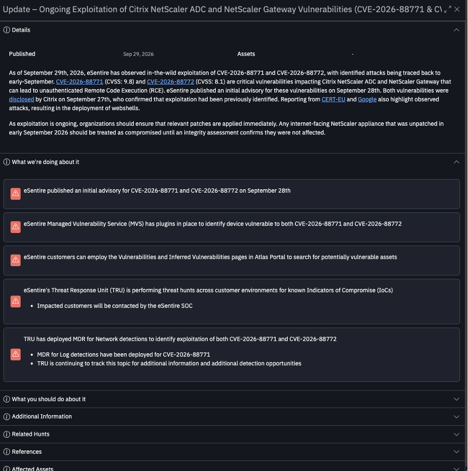 Figure 2. TRU's advisory for CVE-2026-88771 and CVE-2026-88772 in Atlas, showing the actions eSentire took and the detections deployed.