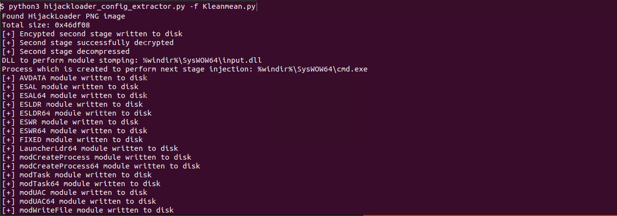 Figure 9 – Stdout of HijackLoader configuration extractor