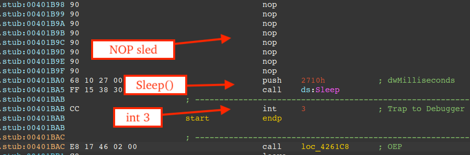 Figure 13 – Patch bytes to debug Prometei's Windows service