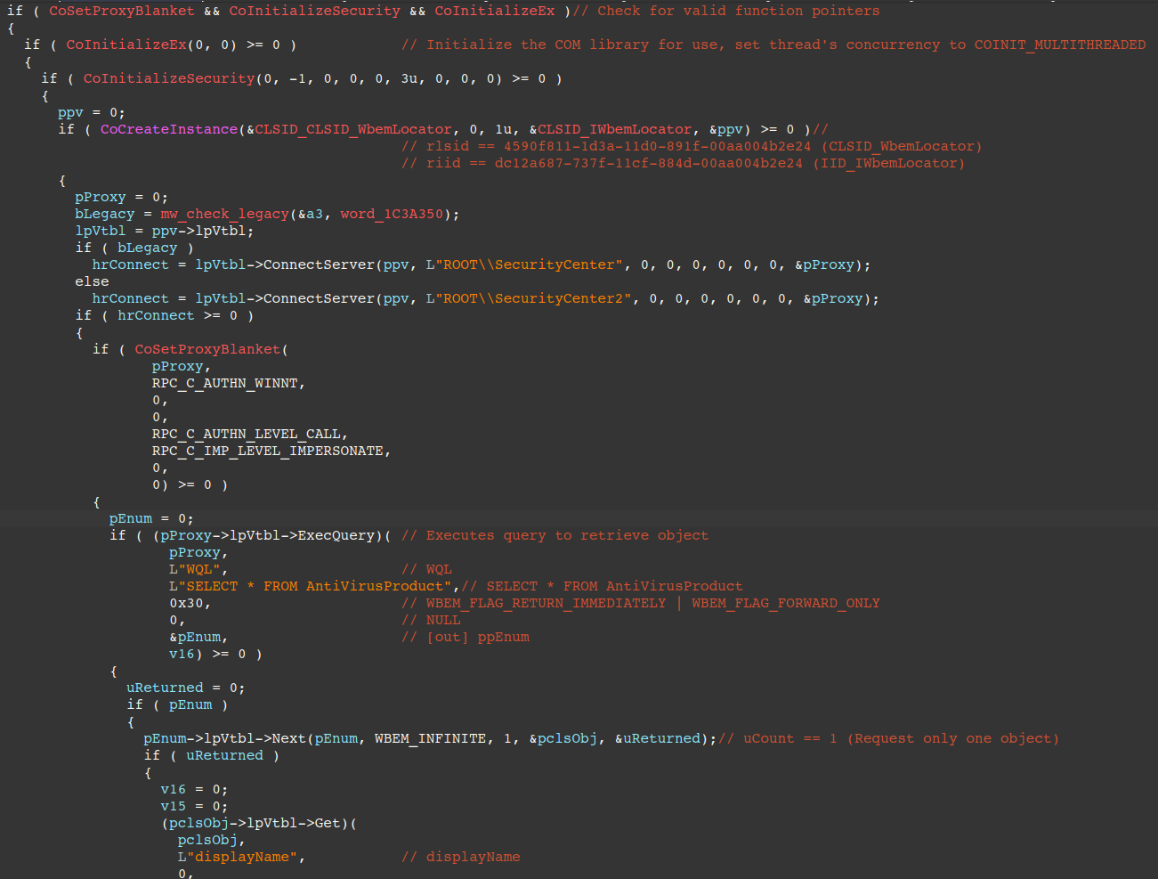 Figure 15 – Pseudo-code of routine that uses COM for retrieving installed security product