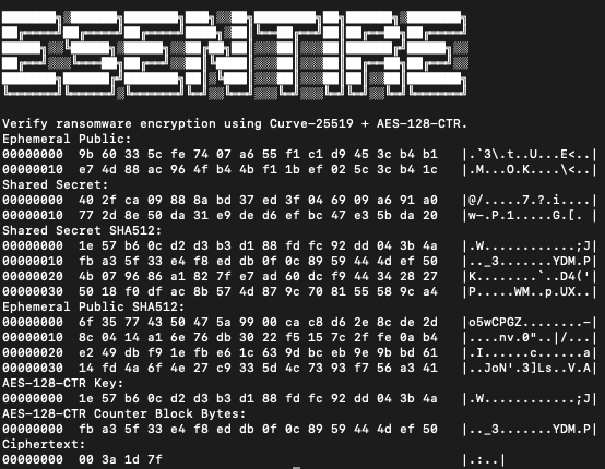 Figure 17 – Script for ransomware researchers to verify crypto of ransomware using Curve-25519 + AES-128-CTR + SHA512