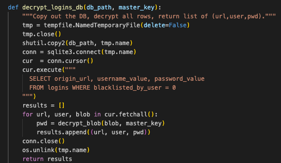 Figure 5 – decrypt_logins_db function that calls decrypt_blob function for each password