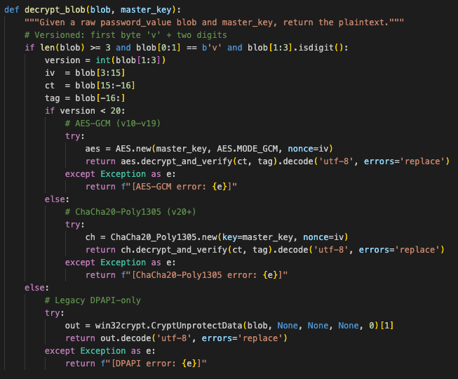 Figure 6 – decrypt_blob function that decrypts password with master key or legacy DPAPI only