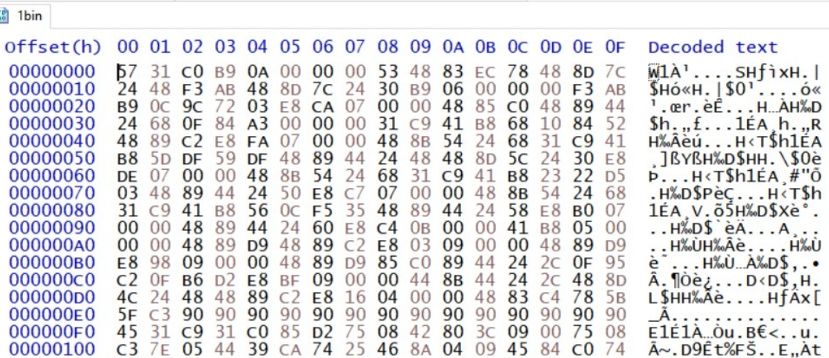 Figure 11 - 1bin second-stage encrypted PE (truncated)
