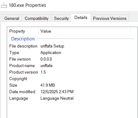 Figure 19 - Stage 3 (180.exe) disguising as unffafa setup