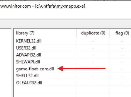 Figure 23 - myxmapp.exe Import Table Showing game-float-core.dll Dependency