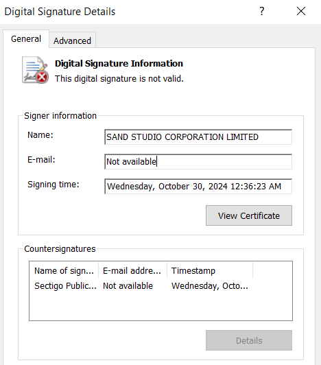 Figure 24 - Invalid Digital Signature of game-float-core.dll