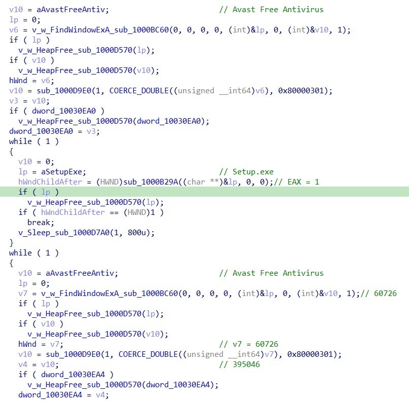Figure 26 - Decompiled Code Showing Avast Window Detection and Setup.exe Process Monitoring