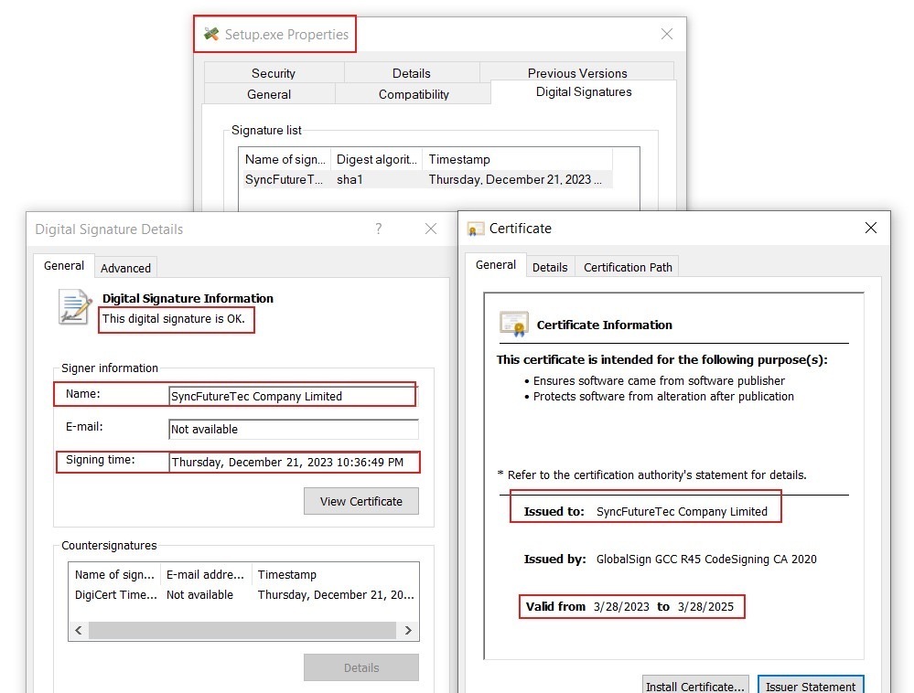 Figure 29 - Setup.exe Code-Signing Certificate Information