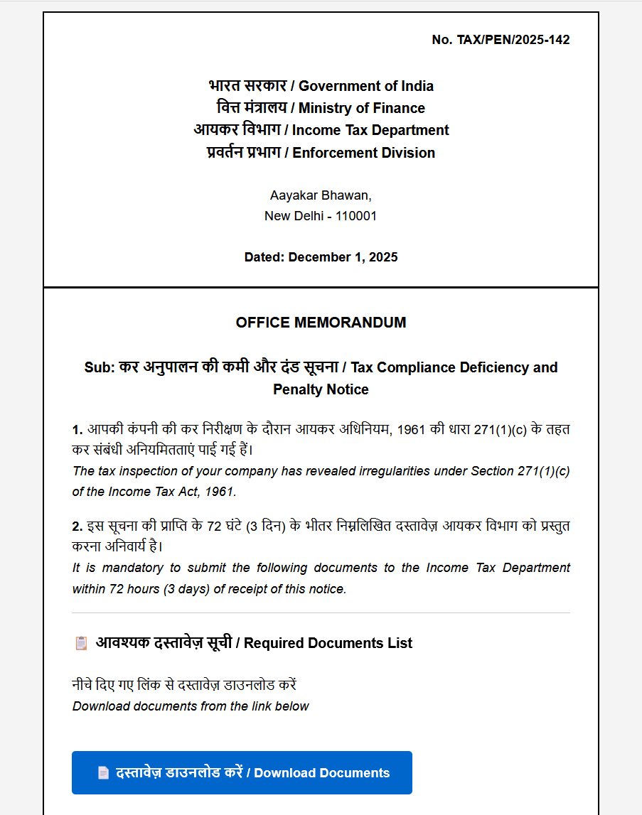 Figure 3 – Phishing email impersonating Government of India Tax Penalty notice