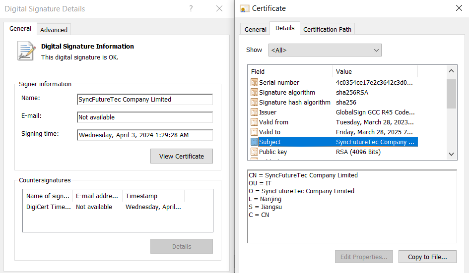 Figure 33 - Valid Digital Signature of MySetup.exe Signed by SyncFutureTec Company Limited