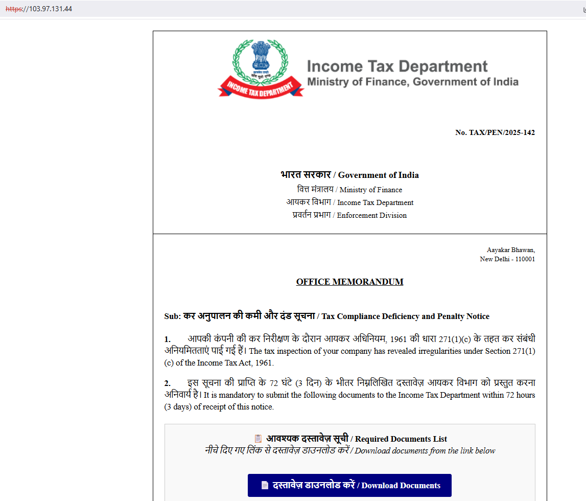 Figure 4 – Similar themed phishing web page also impersonating Government of India tax document