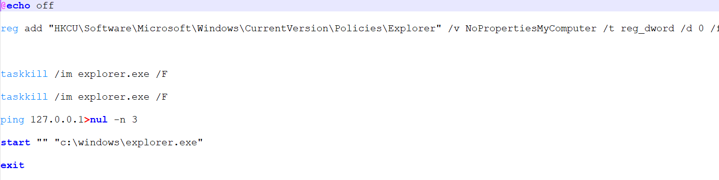 Figure 42 - exit.bat Script Showing Registry Restoration and Explorer Restart Routine